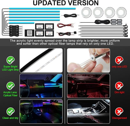 Acrylic Interior Car LED Strip Light with Wireless APP, RGB 22 in 1 with 175 inches 593 LEDs Fiber Optic Ambient Lighting Kits, 16 Million Colors Sound Active Function Car Neon Lights