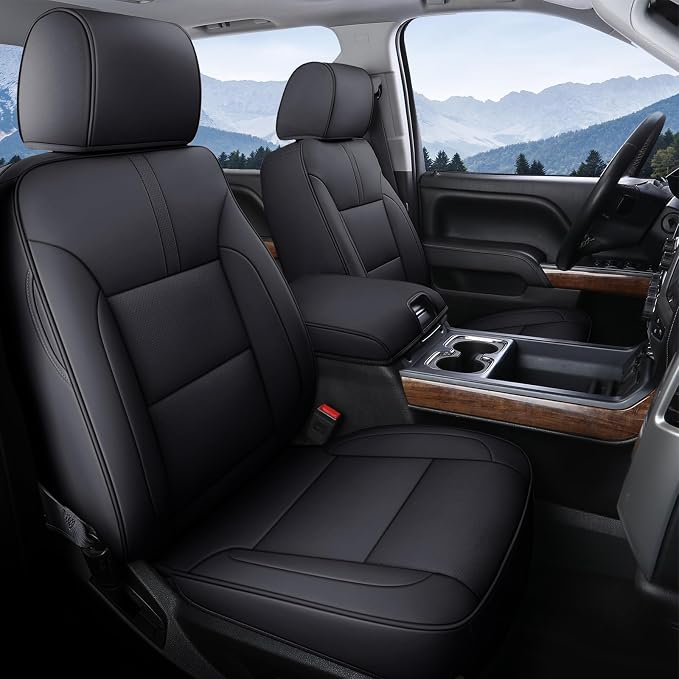 Coverado Chevy Silverado Seat Covers Full Set, Faux Leather Car Seat Covers Fit for 2014-2018 1500, 2015-2019 2500HD 3500HD Chevy Silverado GMC Sierra Crew Double Extended Cab (Black)
