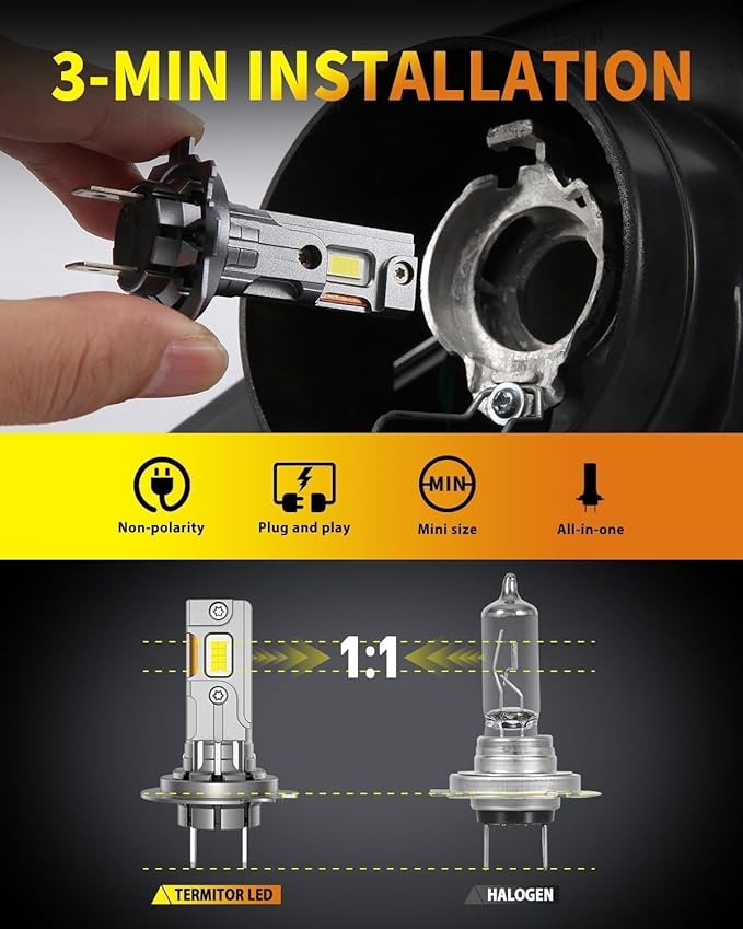 Termitor Upgraded H7 H7LL Bulbs, 90,000LM Insane Brightness Off Road Lights | Compact 1:1 Original Size, Working Lifespan, Cool Daylight 6500K, Tool-Free Quick Installation Fog Bulb UTV ATV, Pack of 2