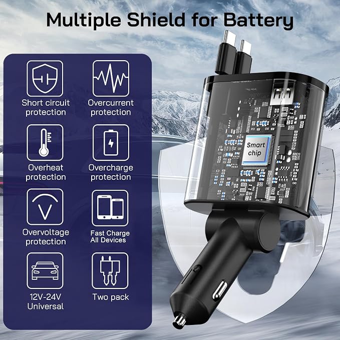 [2 Pack] Retractable Car Charger 4 in 1 Fast Car Phone Charger 69W, USB C Car Truck Accessories Adapter with 2X Retractable Phone Charger Cords and USB Port for i Phone 17/16/15/14,for Samsung S25/S24