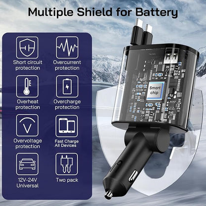 [2 Pack] Retractable Car Charger 4 in 1 Fast Car Phone Charger 69W, USB C Car Truck Accessories Adapter with 2X Retractable Phone Charger Cords and USB Port for i Phone 17/16/15/14,for Samsung S25/S24