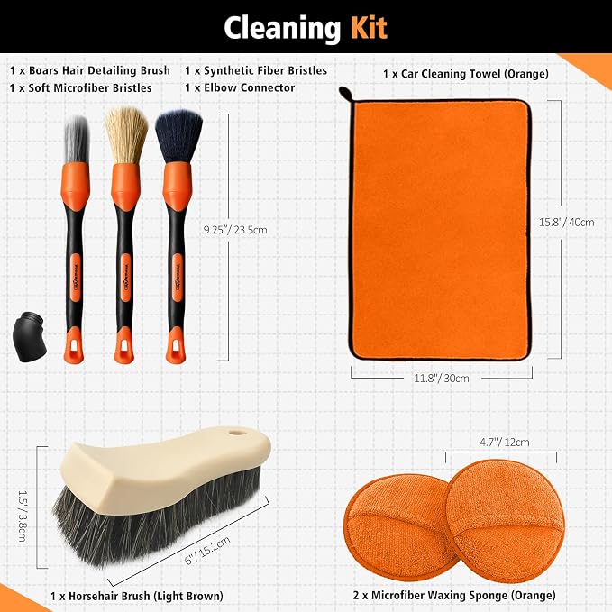 YeewayVeh 7PCS Car Interior Detailing Kit, Horse Hair Car Leather Brush, Applicator Pads and Microfiber Cloth for Car Interior & Seats Leather, Interior Car Cleaning Kit, Orange