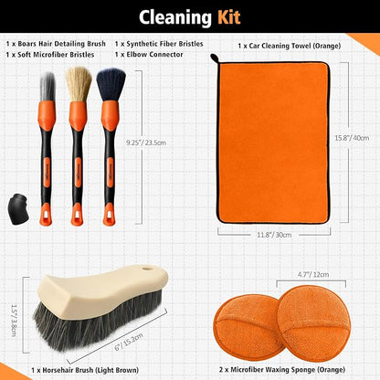 YeewayVeh 7PCS Car Interior Detailing Kit, Horse Hair Car Leather Brush, Applicator Pads and Microfiber Cloth for Car Interior & Seats Leather, Interior Car Cleaning Kit, Orange