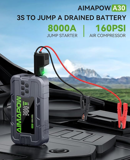 Car Battery Jump Starter with Air Compressor 6000A 160PSI, Jump Starter Portable (All Gas/12L Diesel), 12V Car Jump Starter with Inflator, Jump Box Quick Charge and 270°LED Light