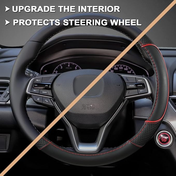 GIANT PANDA Steering Wheel Cover for Honda Civic(2006-2015),CR-Z, Insight, S2000 (Black+Red Line-Small Size)