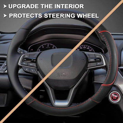 GIANT PANDA Steering Wheel Cover for Honda Civic(2006-2015),CR-Z, Insight, S2000 (Black+Red Line-Small Size)