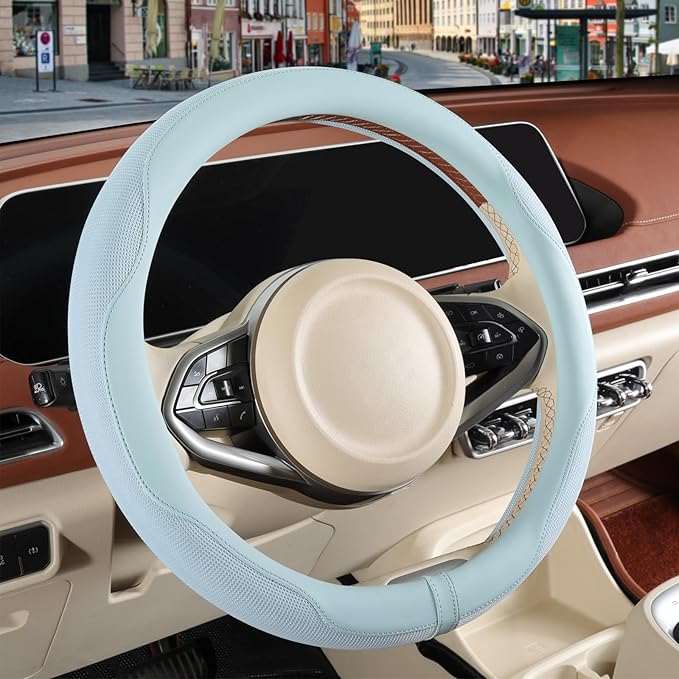 Nappa Leather Steering Wheel Cover, Advanced Microfiber Leather Non-Slip Breathable Fabric, Warm in Winter and Cool in Summer, Blue Large 15.5 inch to 16 inch