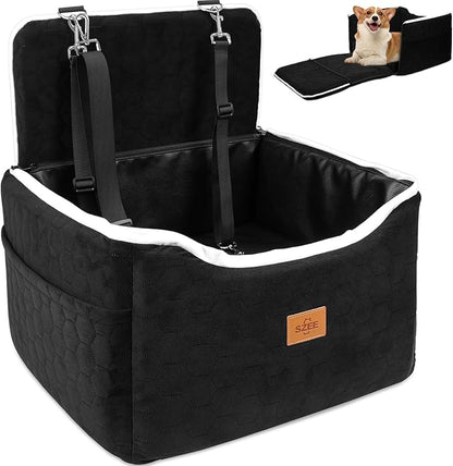 SZEE Dog Car Seat for Small/Medium Sized Dogs up to 35 lbs, Dog Booster Car Seat with Detachable Protective Leather Cover, Save Cleaning Effort, Reclinable Backrest (Black)
