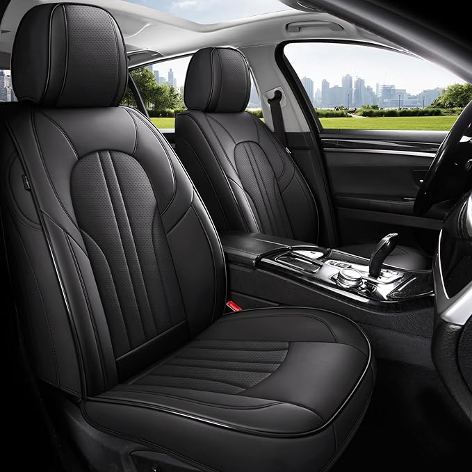 MINGBRON Car Seat Cover Full Set, Leather Car Seat Cover, Waterproof Seat Covers, Car Seat Cushion, Nappa Leather Seat Covers Car Seat Protector Universal Fit Most Cars Black