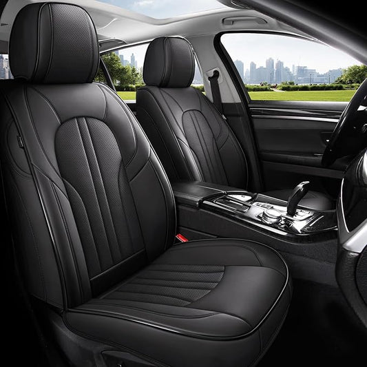 MINGBRON Car Seat Cover Full Set, Leather Car Seat Cover, Waterproof Seat Covers, Car Seat Cushion, Nappa Leather Seat Covers Car Seat Protector Universal Fit Most Cars Black