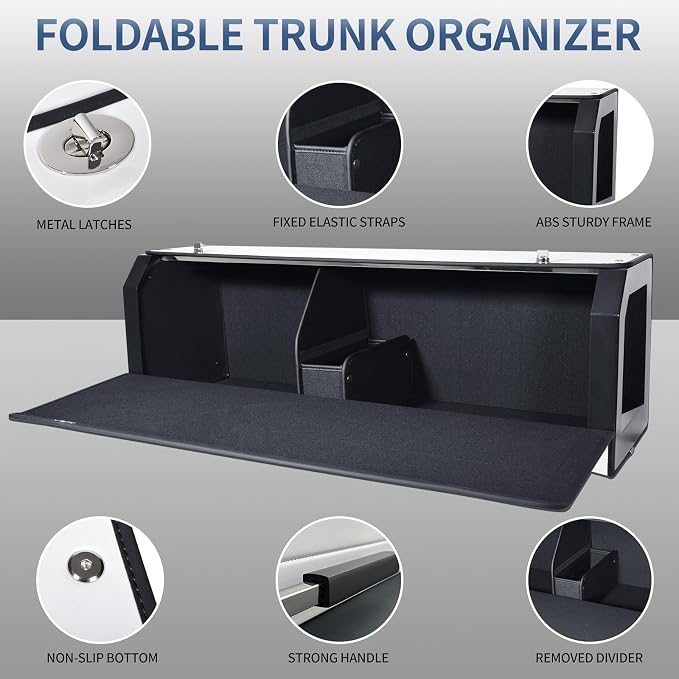 Car Trunk Suv Organizer for 2022-2023 Tesla Model Y (5-Seater), Leather Sturdy Trunk Storage Bin Box, Compartment Foldable Organizer with Lid and Push-pull Handle, White