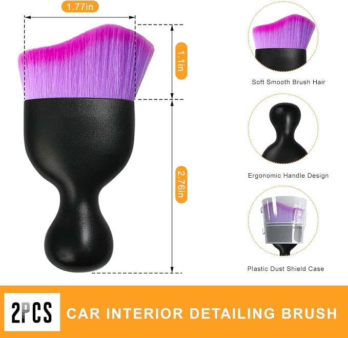 2 PCS Car Interior Detailing Brush, Curved Car Interior Cleaning Brush with Ultra Soft Bristles & Dust Cover, Scratch-Free Auto Dusting Brushes for Dashboard AC Vent Leather (Purple)