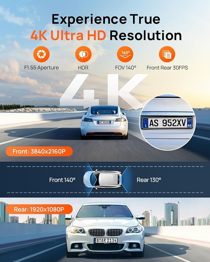 70mai 4K Dash Cam Front and Rear, Built in Wi-Fi 6 & GPS Car Camera, Super Night Vision, ADAS, 3'' IPS Screen, 24H Parking Mode, Time-Lapse, Loop Recording, with 128GB Card (A800SE) (Pack of 2)