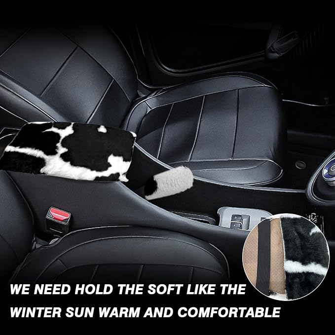 6PCS Set car Interior Aesthetic Accessories, Fluffy Cute Cows Steering Wheel Cover, armrest pad, seat Belt Cover,Gear Shift Cover, Fit Girly car