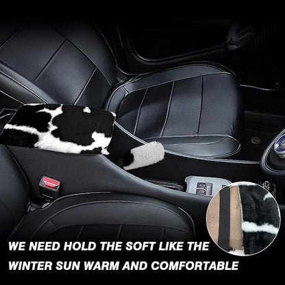6PCS Set car Interior Aesthetic Accessories, Fluffy Cute Cows Steering Wheel Cover, armrest pad, seat Belt Cover,Gear Shift Cover, Fit Girly car