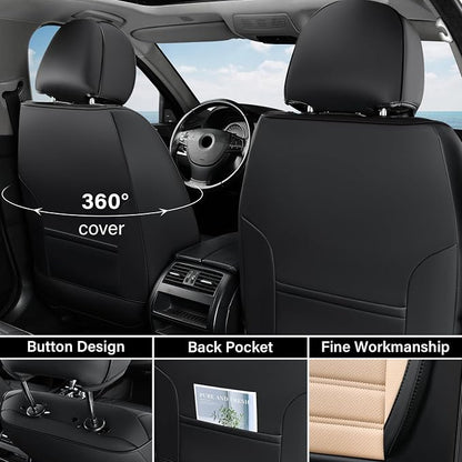 Coverado Waterproof Nappa Leather Car Seat Covers, Automotive Seat Covers，Front Car Seat Cushion & Car Seat Protector, Seat Covers Universal Fit for Most Cars, SUVs,Trucks,Black&Beige