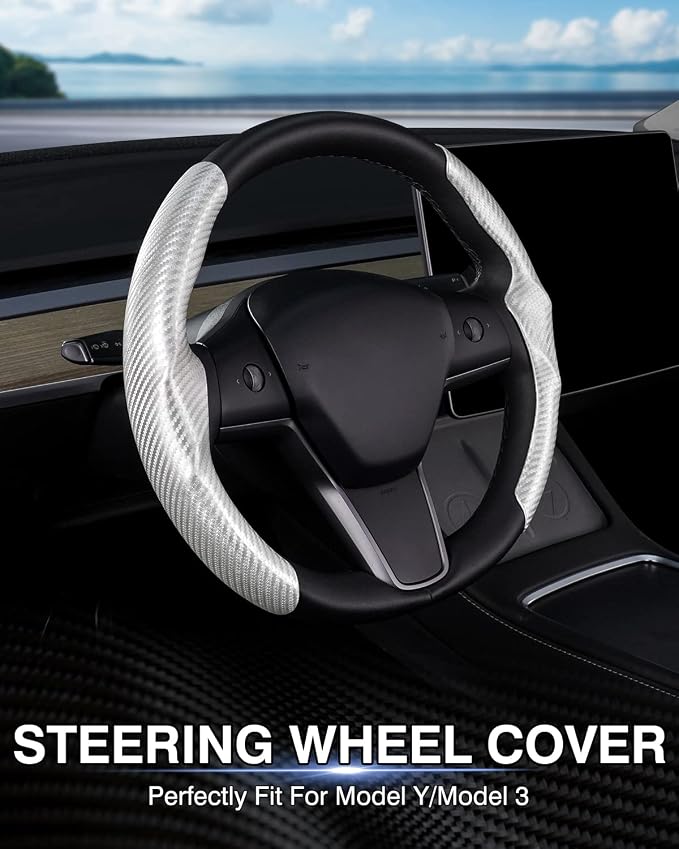 Canvcle Steering Wheel Cover for Tesla Model 3/Model Y Accessories Carbon Fiber Steering Wheel Cover Protector Anti-Slip, Comfortable Grip, Breathable, Model 3/Y Accessories