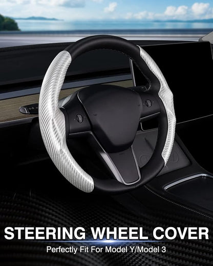 Canvcle Steering Wheel Cover for Tesla Model 3/Model Y Accessories Carbon Fiber Steering Wheel Cover Protector Anti-Slip, Comfortable Grip, Breathable, Model 3/Y Accessories