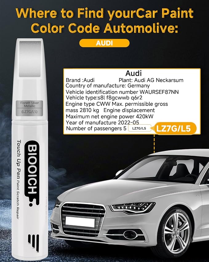 Touch Up Paint Pen Exact Color Match Car Chip and Scratch Repair (for Audi, Florett Silver Metallic(LZ7G/L5))