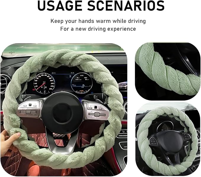 KVAEY Fluffy Car Steering Wheel Cover, 15 Inches Anti-Slip Round Fuzzy Winter Steering Wheel Protector, Soft Warm Plush Steering Wheel Cover for Women Girls, Car Accessories (Green, Round)