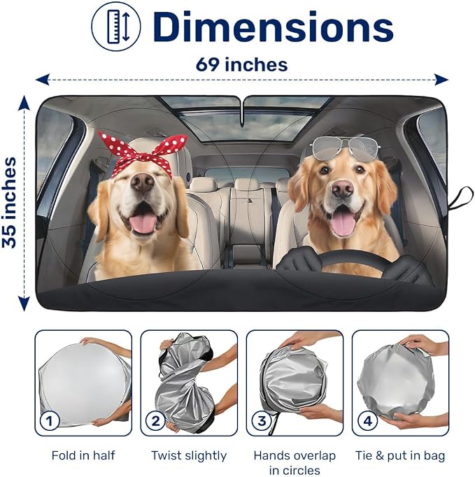 GENANY Cute Golden Dog Couple Funny Windshield Sun Shade for Car SUV Truck (69x35 Inches), Automobile Sunshade, Protector Blocks UV, Car Accessories, Auto Decor