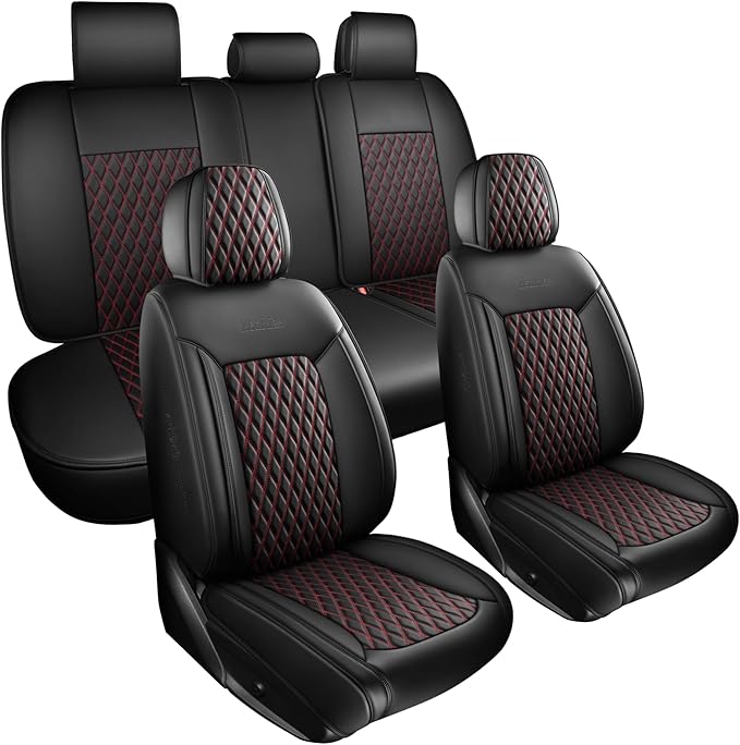 Car Seat Covers Full Set for SUV Trucks,Univerasal Precision Fit Contoured ThickTexture Nappa Leather Automotive Seat Covers,Waterproof Seat Covers & Accessories,Style1 Black Red Line