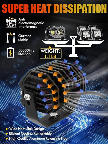 MAYELLO 4Inch LED Pod Lights - 60W White Flood Beam Off Road & Fog Lights with 12D Corrugated Lens, Compatible with Jeep Wrangler, Truck, Pickup, ATV, UTV, SUV, Motor Car, Boat