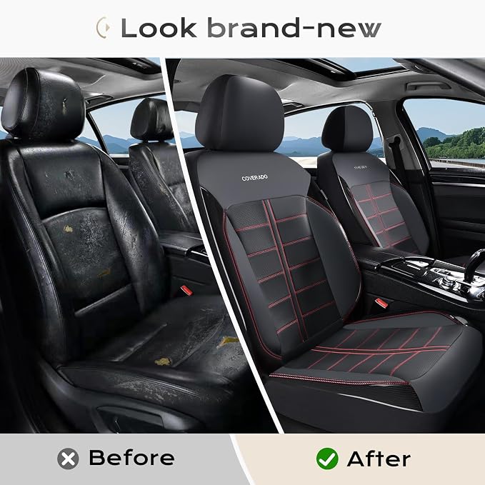 Coverado Front Seat Leather Covers, Full Leather Construction with Carbon Fibre Weave, Universal Fit for Most Cars SUV Trucks (Redline)