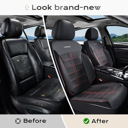 Coverado Front Seat Leather Covers, Full Leather Construction with Carbon Fibre Weave, Universal Fit for Most Cars SUV Trucks (Redline)