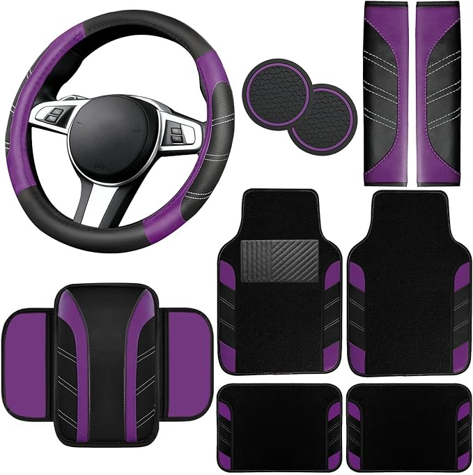 NBTEPEM 10 Pcs Car Floor Mats Full Set & Sport Leather Steering Wheel Cover 14.5-15 inch, Center Console Cover, Seat Belt Cushion, Cup Holder Coaster, Universal Automobile Interior Sets (Purple)