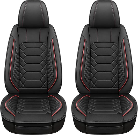 HAIYAOTIMES Leather Car Seat Covers Front Pair, Waterproof Faux Leather Seat Covers for Cars, Non-Slip Car Interior Covers Universal Fit for Most Cars Sedans Trucks SUVs, Black/Red