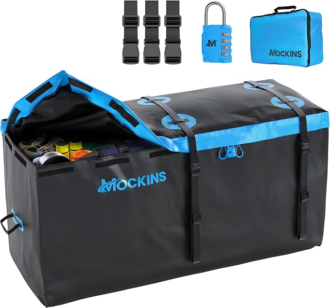 Mockins 25 Cu Ft Large Weatherproof Trailer Hitch Cargo Carrier Bag Set | 60"x24"x31" Waterproof Cargo Bag for Hitch Carrier & Truck Bed | Vinyl Vehicle Soft-Shell Carriers w/ Straps, Lock & Case