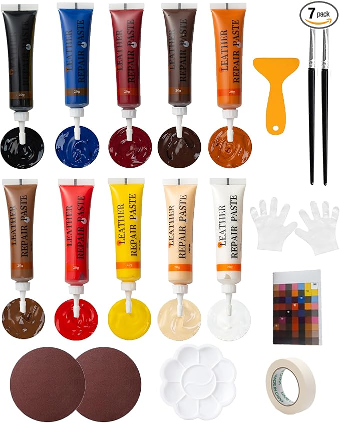 Leather Repair Kit for Furniture - 10 Color Vinyl Repair Kit for Sofa/Jacket/Car Seats/Purse/Shoes/Couch - Fix Scratches/Tears/Holes/Peeling on Bonded/Pleather/Genuine