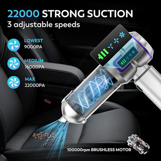 Car Vacuum Cleaner Cordless, 22000PA High Power Portable Handheld Vacuum & Compressed Air Duster, Mini Vacuum with LED Display, 3 Modes Brushless Motor for Car, Home, Office, Camping