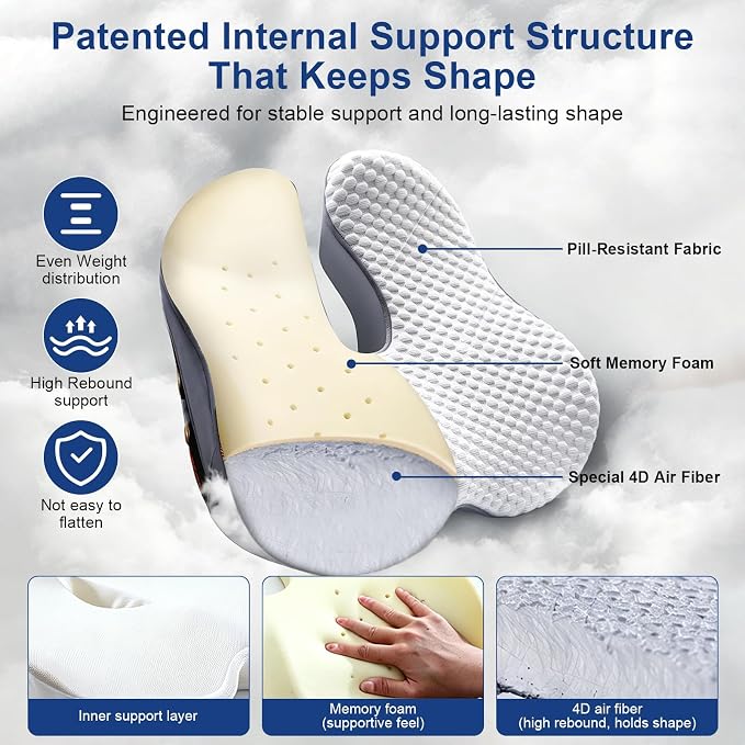 Seat Cushion for Tailbone Pain Relief, Firm Support Won't Flatten, Adds 2–3" Height, X-Large Cushion for Long Sitting, Office Chair, Car Seat & Work from Home（Grey