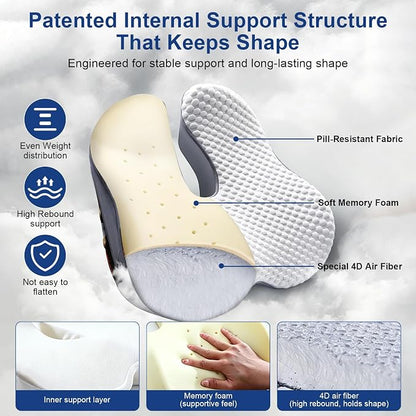 Seat Cushion for Tailbone Pain Relief, Firm Support Won't Flatten, Adds 2–3" Height, X-Large Cushion for Long Sitting, Office Chair, Car Seat & Work from Home（Grey