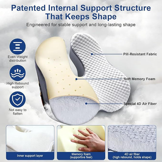 Seat Cushion for Tailbone Pain Relief, Firm Support Won't Flatten, Adds 2–3" Height, X-Large Cushion for Long Sitting, Office Chair, Car Seat & Work from Home（Grey