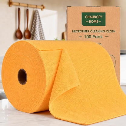Microfiber Cleaning Cloth Roll–100 Pack, Tear Away Microfiber Towels, Reusable, Washable, Scratch-Free, Kitchen Towels for Car, Home, Kitchen, Glass, Dishes(Tangerine Yellow)