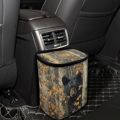 Talayituse Bear Hunting Camo Print Car Trash Can with Lid, Leak Proof Auto Trash Bag Hanging Vehicle Garbage Can Multipurpose Storage Container for Back Seat Road Trip