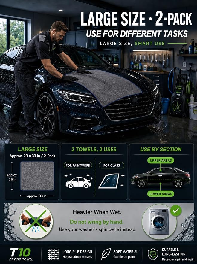 SHSCLY 2-Pack Twist Pile Microfiber Towels for Cars XL Gray 29 x 33 in | Auto Detailing, Paint Safe, Ultra Absorbent, Lint-Free, Cars, SUVs & Trucks