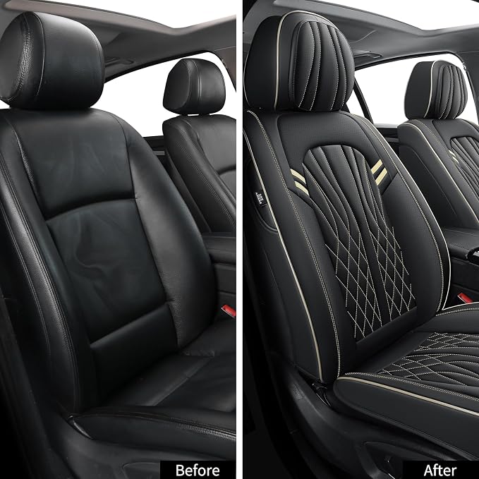 MINGBRON Seat Covers for Cars, Waterproof Seat Covers, Leather Car Seat Covers 2 Pack, Universal Seat Cushion Protector for Most Cars Black&Beige Line