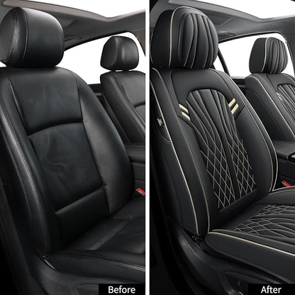 MINGBRON Seat Covers for Cars, Waterproof Seat Covers, Leather Car Seat Covers 2 Pack, Universal Seat Cushion Protector for Most Cars Black&Beige Line