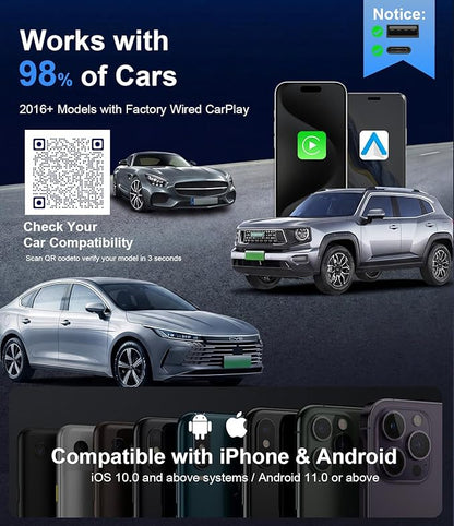 2026 Wireless CarPlay Adapter for iPhone, Bluetooth Car Play Wireless Adapter USB C for Apple & Android Auto - 5s Auto Connect Zero Latency‌, 2-in-1 Ultra Compact Carplay Adapter (Black)