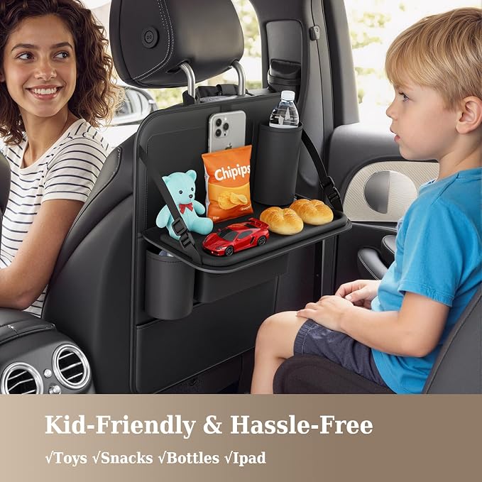 Coverado Car Backseat Organizer with Tablet Tray, Nappa Leather Organizer for Car Seat Back, Waterproof Car Seat Organizer with Touch Screen, Seat Protector Kick Mats for Kids
