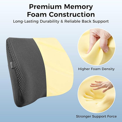 Lumbar Support Pillow for Car & Office Chair - High-Density Memory Foam Back Cushion for Sciatica & Lower Back Pain Relief - Non-Slip Support for Long Commutes & Desk Workers (3D Mesh Black)