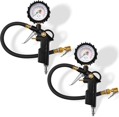 2 Pieces Tire Inflator Deflator Air Pressure Gauge with Rubber Hose 220 PSI Pressure Gauge Air Chuck, 2.8 Inch Dial and Straight Brass Lock on Chuck for RV Car Motorcycle Bike Attachment