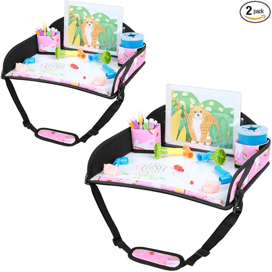 COOLBEBE Kids Travel Tray for Car Seat & Airplane, Toddler Lap Tray with Pen & ipad Stand, Portable Car Seat Table with Cup Holders & Raised Edges, Pink Unicorn, 2-Pack