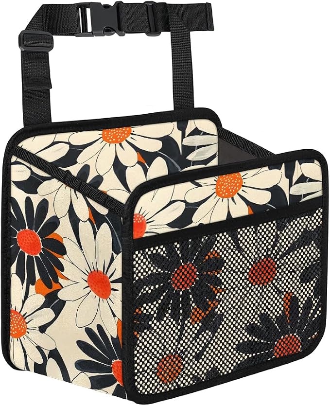 Car Backseat Organizer, PU Leather Back of Seat Cars Hanging Organizer with Pockets Leakproof Car Garbage Bag Hanging Cars Seat Storage Box Travel Accessories Foldable (Flower Orange)