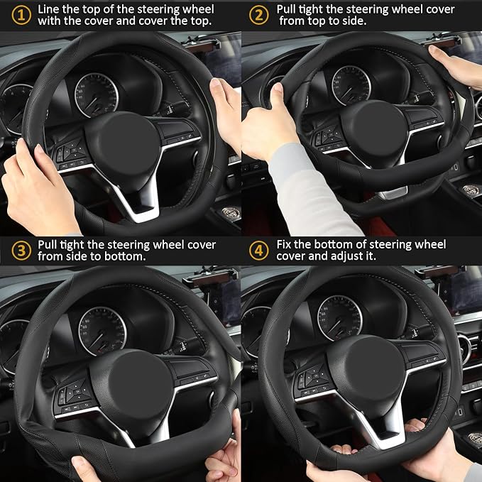 West Llama Flat Bottom Car Steering Wheel Cover for Hyundai,D Shaped Steering Wheel Cover for Tucson,Sonata,Elantra,Santa Fe,Genesis,Sonata Hybrid,Azera,Venue,Kona (Black-Standard Size)