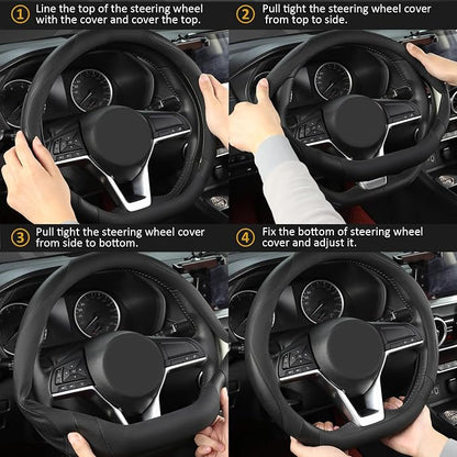 West Llama Flat Bottom Car Steering Wheel Cover for Hyundai,D Shaped Steering Wheel Cover for Tucson,Sonata,Elantra,Santa Fe,Genesis,Sonata Hybrid,Azera,Venue,Kona (Black-Standard Size)